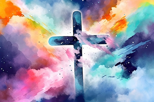 Een levendig aquarelschilderij van een kruis dat boven de wolken zweeft in een graffiti-achtige stijl Perfect voor religieuze thema's Generatieve AI