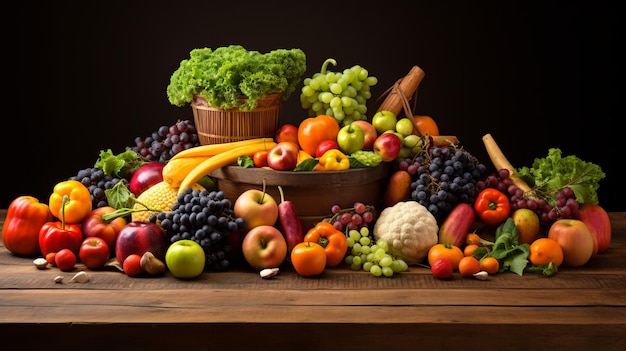 Een levendig assortiment vers fruit en groenten op een houten tafel