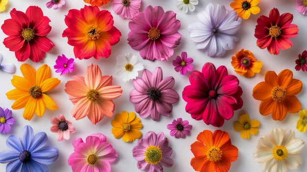 Foto een levendig assortiment voorjaarsbloemen in volle bloei geïsoleerd op een witte achtergrond bloemenpatroon