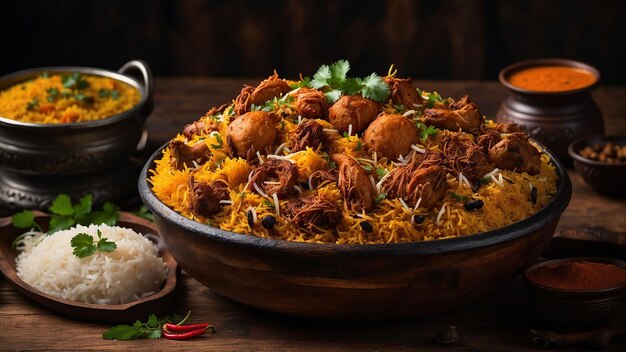 een levendig beeld van de levendige kleuren en texturen van Hyderabad Biryani tentoongesteld op een verweerd woo