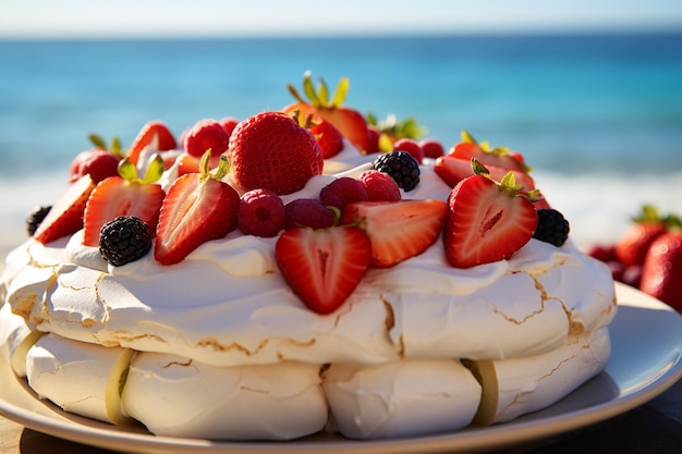 Foto een levendig beeld van een met bessen beklede pavlova tegen een zonnig australisch kerststrand