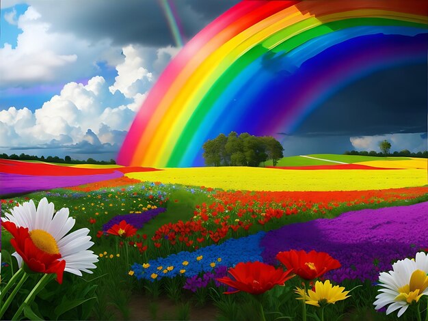 een levendig bloemenveld met een regenboog op de achtergrond