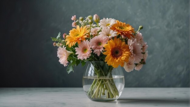 Een levendig boeket bloemen in een glazen vaas.