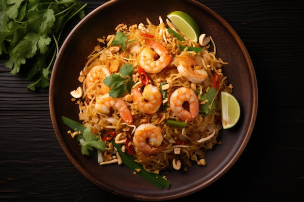 een levendig bord Pad Thai met geroerbakte rijstnoedels met gegenereerde garnalen