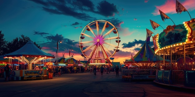 Een levendig carnaval in de schemering de ferris wheel lichten schitterend