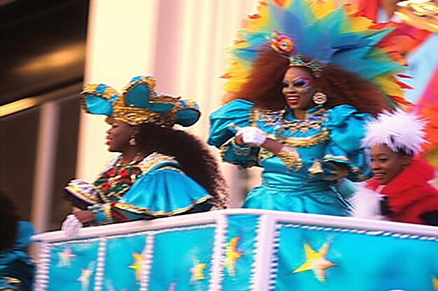 Een levendig carnavalsspectacle met een reeks kleurrijke kostuums en symbolische verrassingen