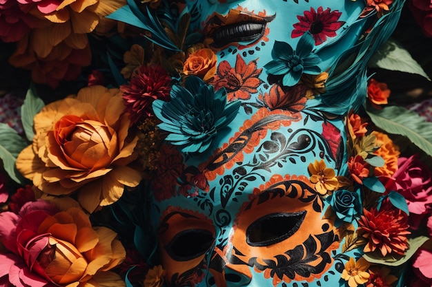 Een levendig Dag van de Doden-masker met ingewikkelde papieren snijbloemen die traditionele ambachtslieden benadrukken