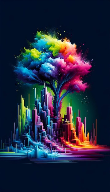 Een levendig digitaal stadsbeeld met een kleurrijke wolkenboom