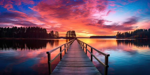 Foto een levendig en kleurrijk landschap tijdens een prachtige zonsondergang of zonsopgang beschrijf de adembenemende kleuren t