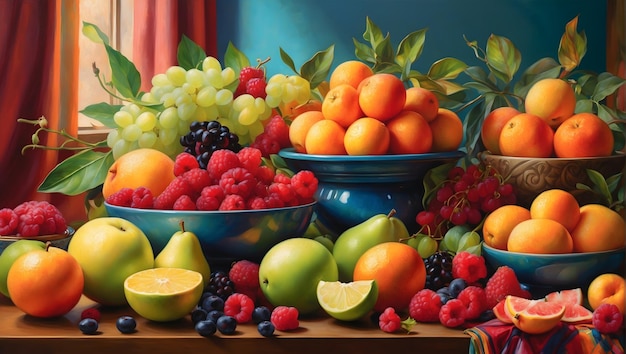 Foto een levendig en kleurrijk stillevenschilderij van verschillende vruchten die hun natuurlijke schoonheid en