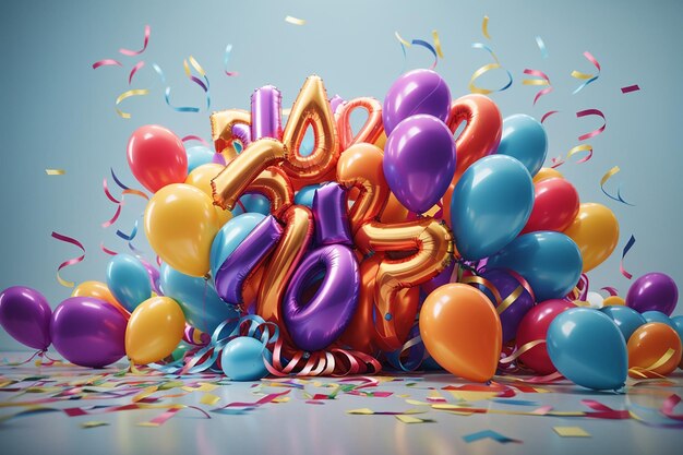 Een levendig en kleurrijk verjaardagsfeest met ballonnen en slingers die een lege achtergrond versieren