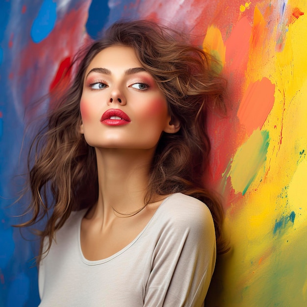 Een levendig en zelfverzekerd jong vrouwelijk model poseert met haar gezicht in felle kleuren voor de camera