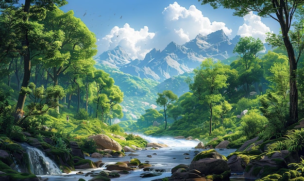 Een levendig geïllustreerd landschap met een weelderig bos en een bergketen met een stromende rivier Genereren AI