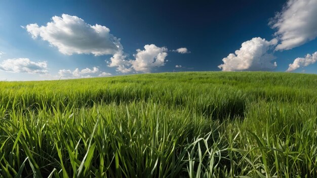 Een levendig groen veld onder een uitgestrekte blauwe hemel met pluizige wolken.