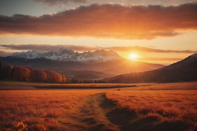 Foto een levendig herfstlandschap met een heldere oranje zon