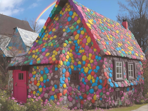 Foto een levendig kleurrijk droomhuis gemaakt van veelkleurige stenen.