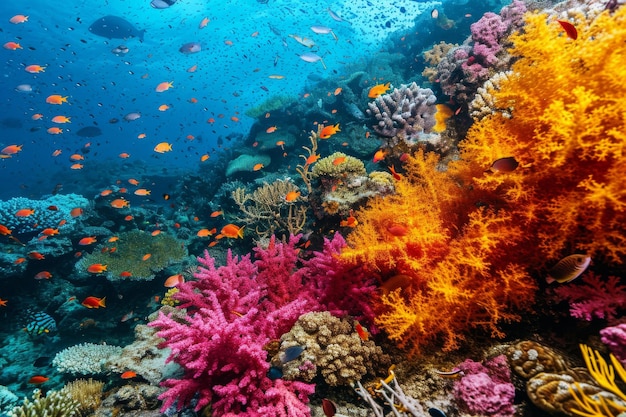 Een levendig koraalrif met een divers marien leven gegenereerd door AI