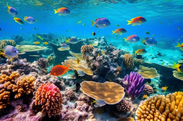 Een levendig koraalrif met een school kleurrijke vissen die in het heldere blauwe water zwemmen