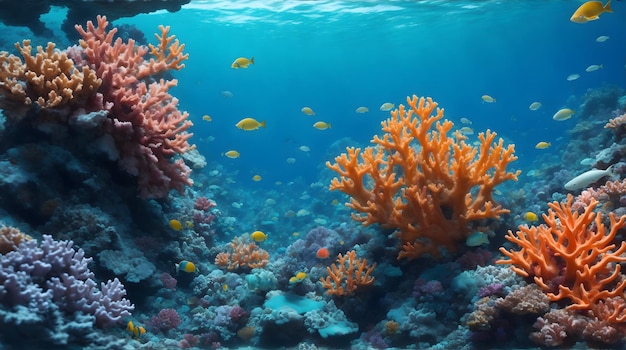 Een levendig koraalrif vol met een scala aan kleurrijke zeedieren tegen de achtergrond van een cle