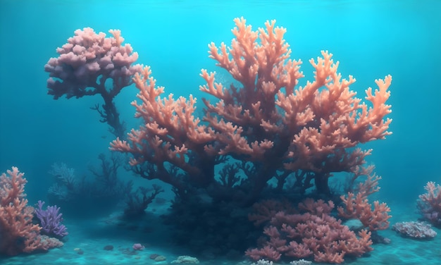 Een levendig koraalrif vol met een scala aan kleurrijke zeedieren tegen de achtergrond van een cle