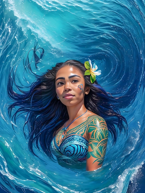 Een levendig met de hand geschilderd portret van Moana omringd door een wervelende oceaan van blauw en groen