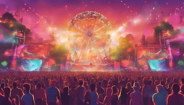 Een levendig muziekfestival in de open lucht met een dansende menigte en kleurrijke lichten in groot detail