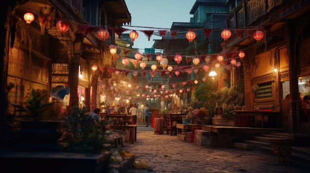 Een levendig nachtelijk uitzicht op de straten van de stad met lantaarns die aan gebouwen hangen Ramdan