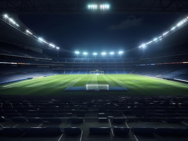 Een levendig nachtelijk voetbalstadion verlicht door lichten en schijnwerpers