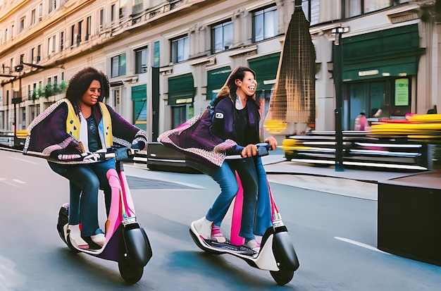 Een levendig neonverlicht stadsbeeld met twee jonge vrouwen op een elektrische scooter op de voorgrond