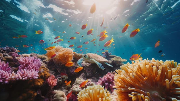 Een levendig onderwater koraalrif met kleurrijk zeeleven en stromende zonnestralen