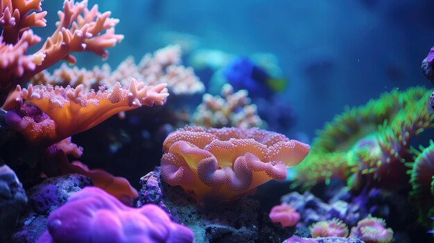 Een levendig onderwaterbeeld rijke diversiteit van een koraalrif een scala aan kleuren en texturen tentoongesteld in de delicate koraalformaties een stil getuigenis van de schoonheid van het leven in de oceaan