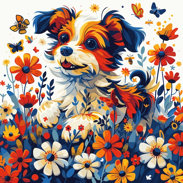 Een levendig ontwerp met een hond die door velden van bloeiende wilde bloemen loopt met vlinders.