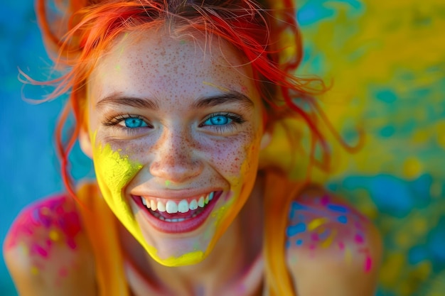 Foto een levendig portret van een vreugdevolle vrouw met kleurrijke verf op het gezicht tegen een levendige blauwe achtergrond