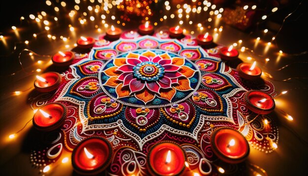 Een levendig rangoli-patroon verlicht door de zachte gloed van diyas en flikkerende feeënlichten