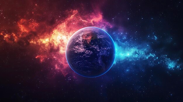 Foto een levendig ruimtescène met op de voorgrond een planeet, een universum, een sterrenstelsel en een nevel in de ruimte