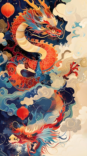 Een levendig schilderij van een draak te midden van wolken en ballonnen in elektrische blauwe tinten