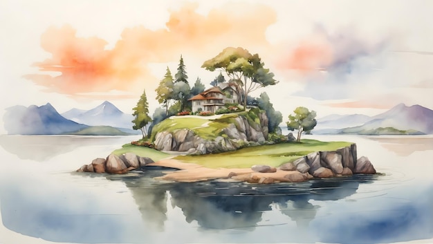 Een levendig schilderij van een klein eiland in het midden van een rustig meer
