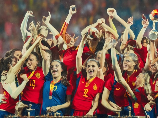 Een levendig schilderij van het Spaanse damesvoetbalteam op overwinningsmomenten