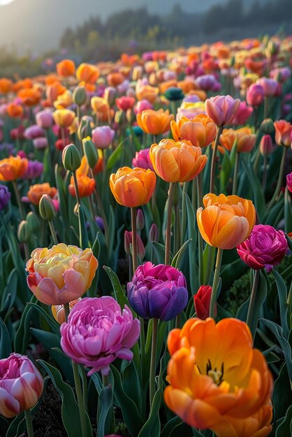 Foto een levendig tapijt van tulpenvelden van boven.