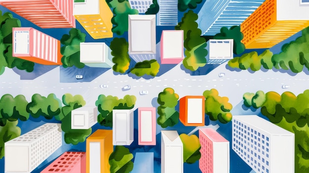 Een levendig uitzicht op de stad in waterverf met parken, stedelijke gebieden, commerciële wijken en hoofdwegen.