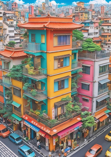 Foto een levendig veelkleurig stadsbeeld met een huis in aziatische stijl