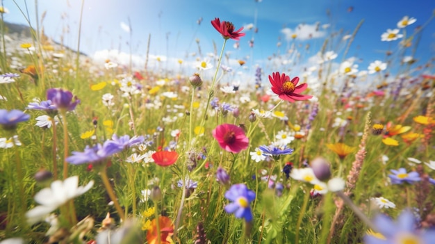 Een levendig veld met wilde bloemen in volle bloei