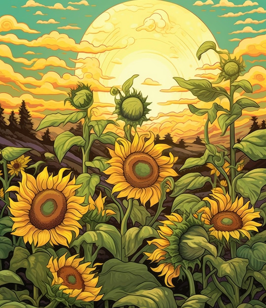 Een levendig veld met zonnebloemen dat zich uitstrekt naar de horizon onder een felle zon