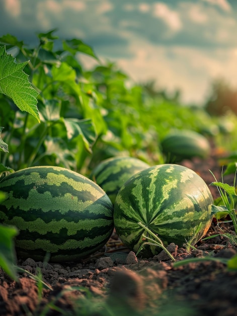 Een levendig veld vol rijpe watermeloenen koelt zich onder het zonlicht klaar voor het plukseizoen