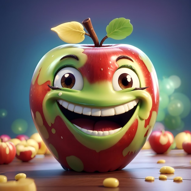 Een levendige 3D-illustratie van een appelkarakter met een stralende glimlach, getekend in cartoonstijl