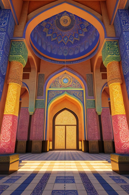 Een levendige 3D-illustratie van een majestueuze moskee met een grote poort in het midden