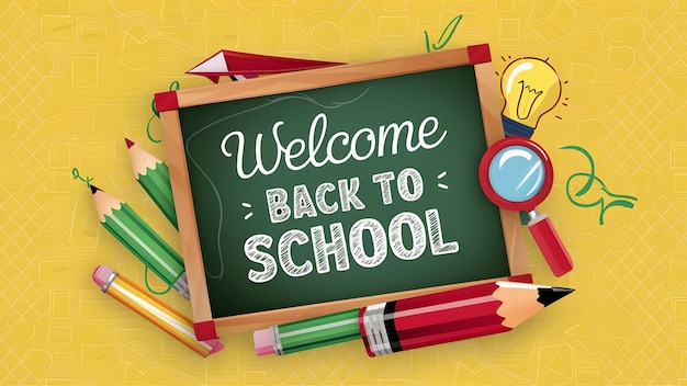 Een levendige aankondiging voor het teruggaan naar school met essentiële schoolbenodigdheden.