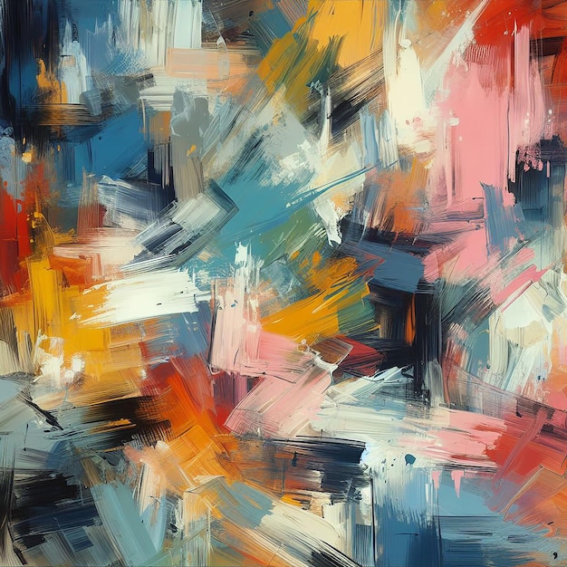 Een levendige abstracte expressionistische compositie met gedurfde penseelstreken en intense kleuren