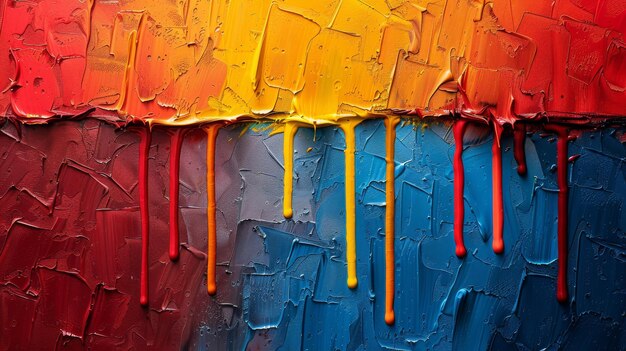 Een levendige abstracte schilderij die de energie van het expressionisme vasthoudt met een mengeling van felle kleuren en druppelende inkt in rood geel en blauw