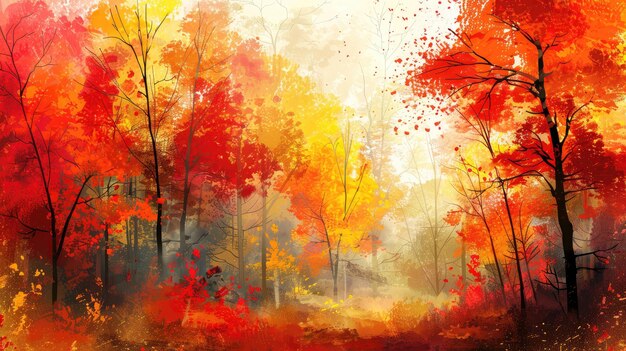 Een levendige abstracte schilderij met een kleurrijk herfstbos